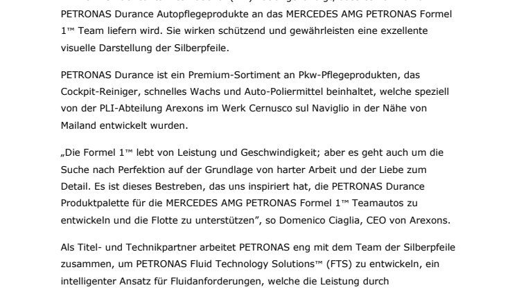 PETRONAS versorgt das MERCEDES AMG PETRONAS FORMEL 1™ Team mit Autopflegeprodukten