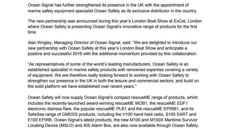 Ocean Signal:  Appoints Ocean Safety As Exclusive UK Distributor
