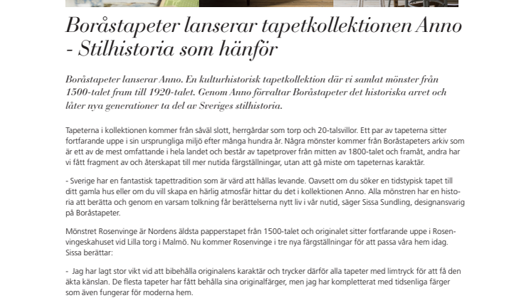 Boråstapeter lanserar tapetkollektionen Anno - Stilhistoria som hänför 