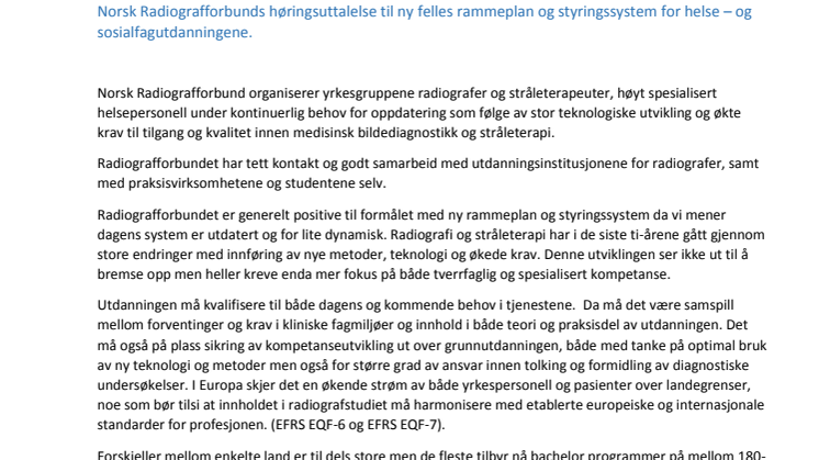 NRFs høringssvar til ny felles rammeplan og styringssystem for helse – og sosialfagutdanningene 