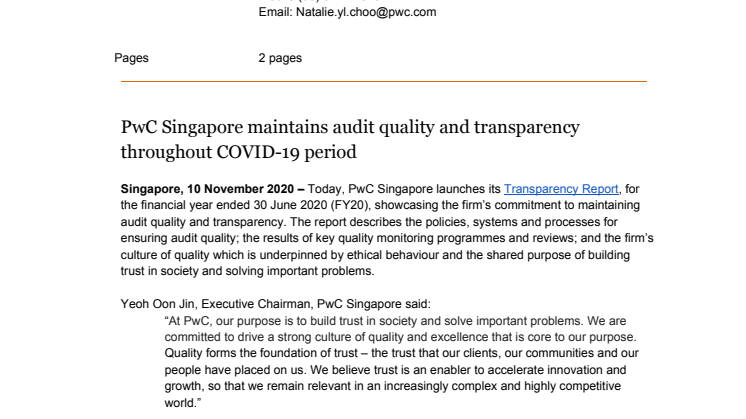 PwC Singapore maintains audit quality and transparency throughout COVID-19 period