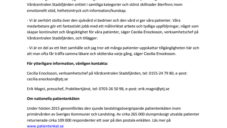 Vårdcentralen Stadsfjärden i Nyköping är Sörmlands tredje bästa vårdcentral