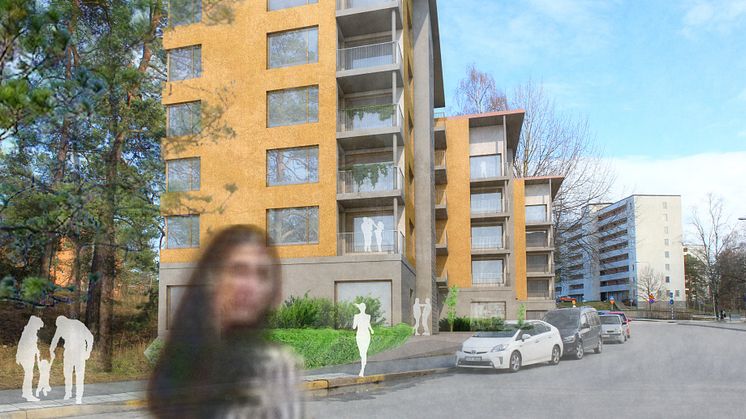 Skiss över kommande byggnation på Melongatan, Hässelby. Bild: Bergkrantz Arkitektur