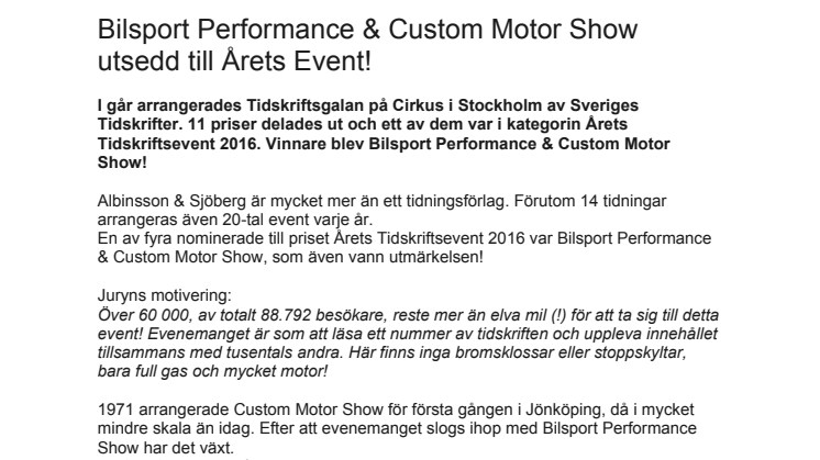Bilsport Performance & Custom Motor Show utsett till Årets Event!