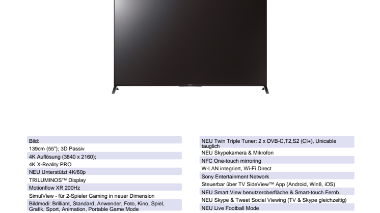 Datenblatt KD-55X8505B von Sony