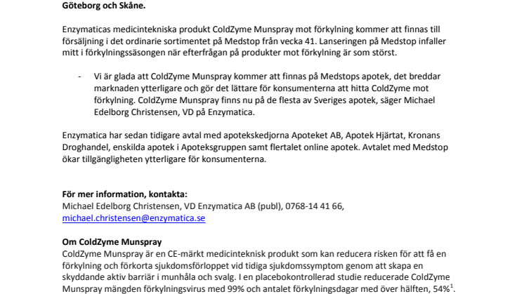 Enzymatica: Avtal om ColdZyme® Munspray på apotekskedjan Medstops hyllor