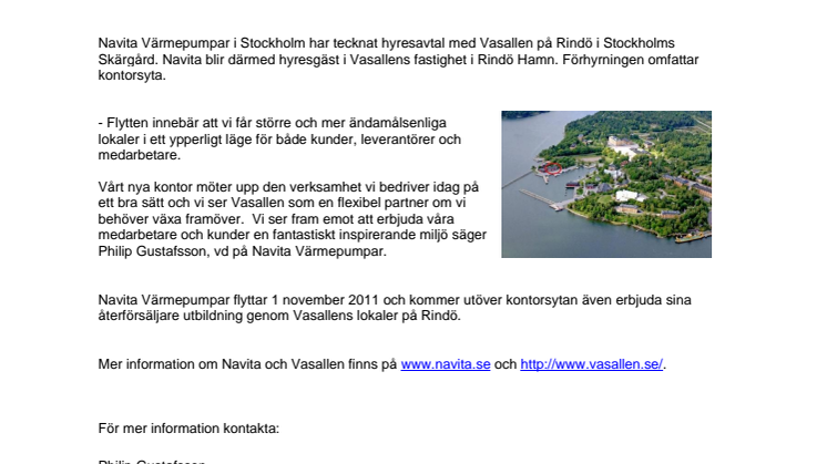 Navita Värmepumpar tecknar hyresavtal med Vasallen på Rindö.