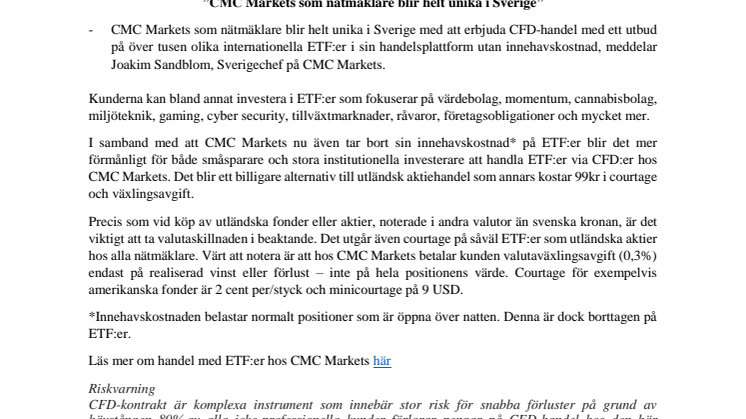 CMC Markets möjliggör handel på 1000 internationella ETF:er
