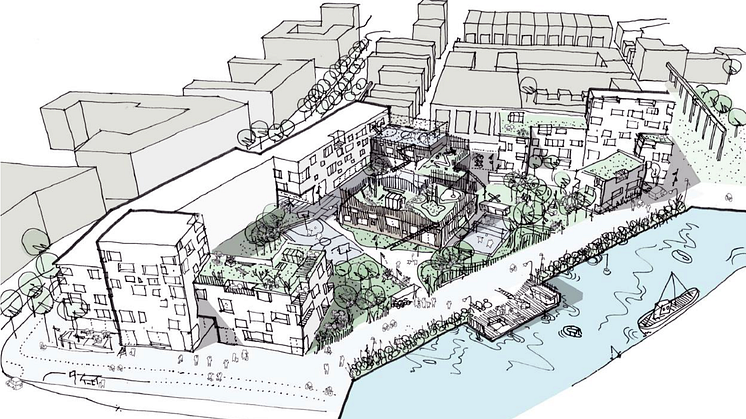 Varvsstaden, visionsbild över planområdet. Illustration: NORD arkitekter