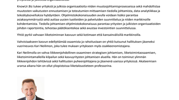 Data-analytiikkayhtiö Sport Venue Oy vahvistaa kasvuosaamistaan - vuorineuvos Kari Neilimo hallituksen jäseneksi ja omistajaksi