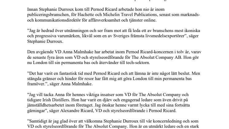 Stephanie Durroux ny VD för The Absolut Company 