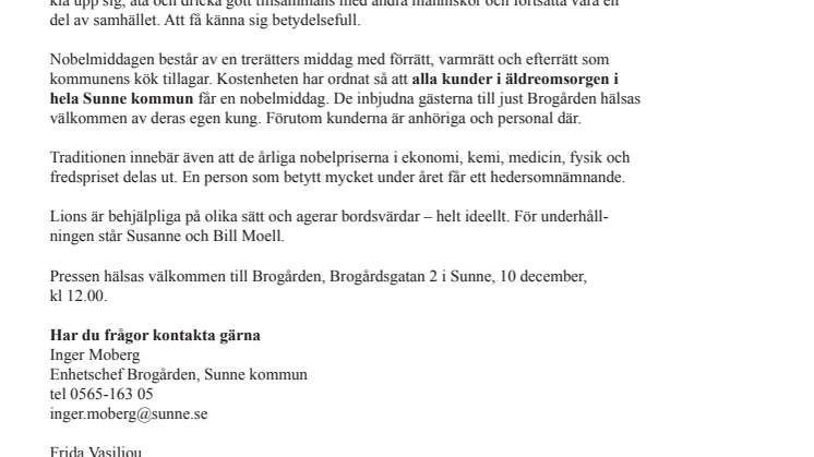 Nobelmiddag på Sunnes äldreboenden