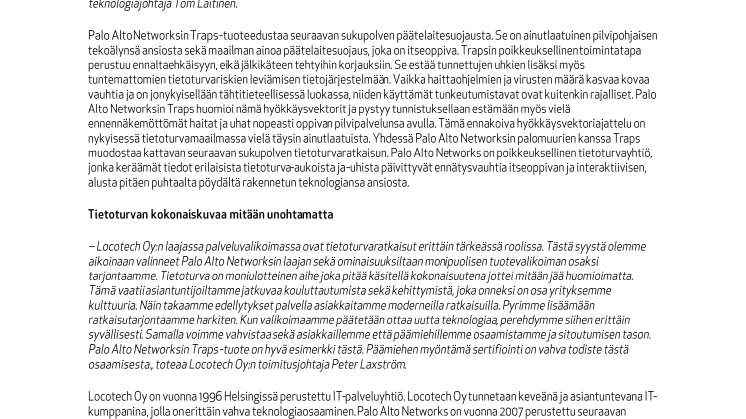 Locotech Oy on Suomen ensimmäinen Palo Alto Networksin sertifioima Traps -toimittaja