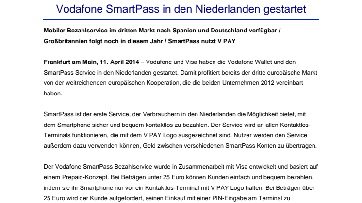 Vodafone SmartPass in den Niederlanden gestartet