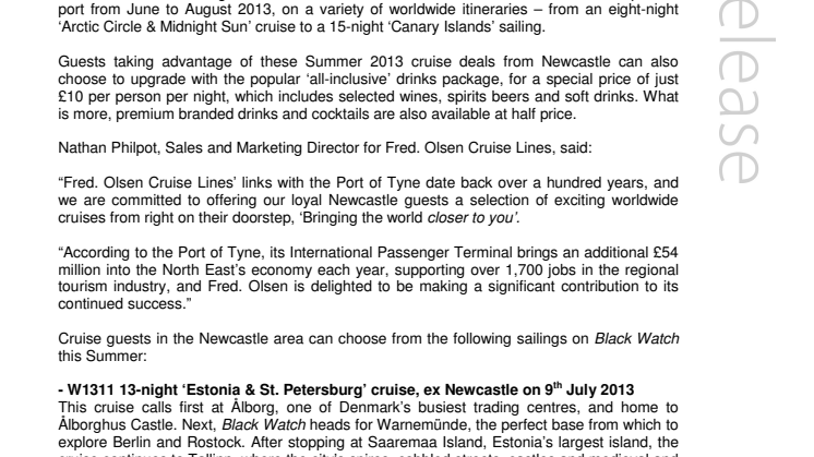 Fred. Olsen Cruise Lines’ Black Watch  commences cruise season from Newcastle