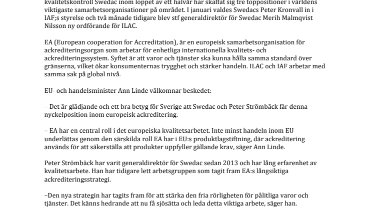 Sverige tar täten för internationellt kvalitets- och handelssamarbete