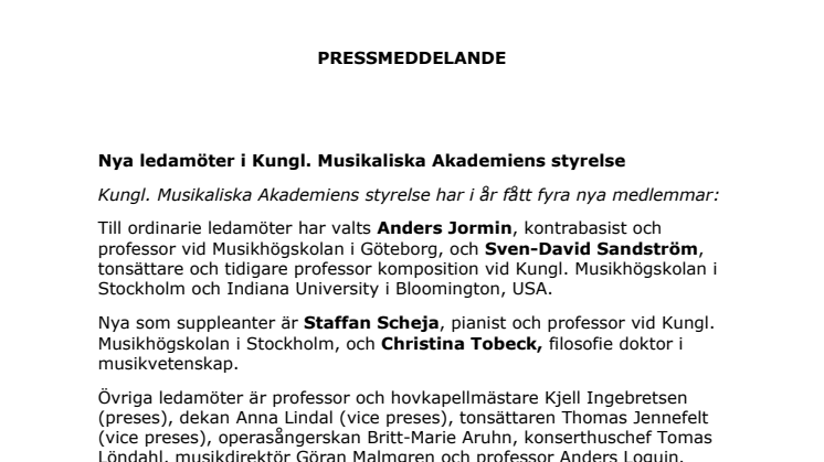Nya styrelseledamöter i Kungl. Musikaliska Akademien