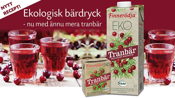 Finnerödja ekologisk och KRAV-märkt tranbärsdryck har fått uppdaterat recept som innehåller hela 22 procent tranbär.