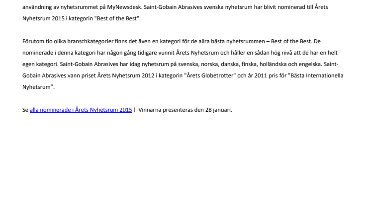Saint-Gobain Abrasives nominerad till Årets Nyhetsrum 2015