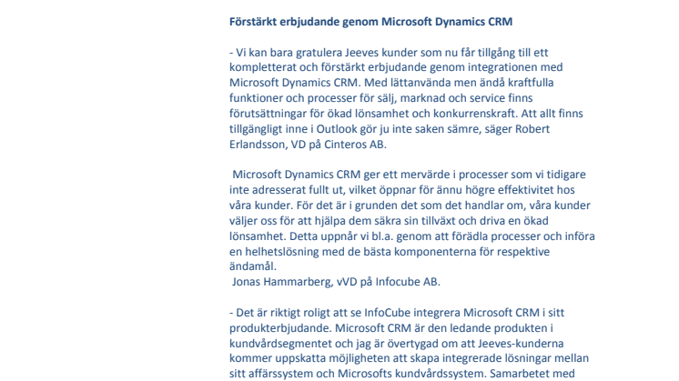  Infocube och Cinteros bildar strategisk allians och skapar unikt erbjudande kring Microsoft Dynamics CRM och Jeeves