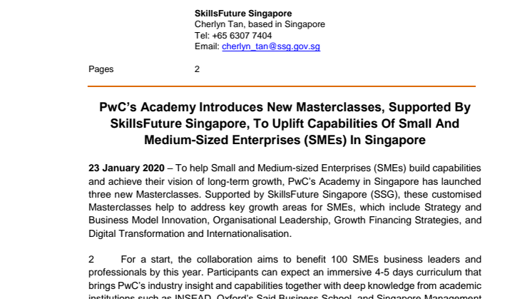 PwC’s Academy Introduces New Masterclasses, Supported By SkillsFuture Singapore, To Uplift Capabilities Of Small And Medium-Sized Enterprises (SMEs) In Singapore