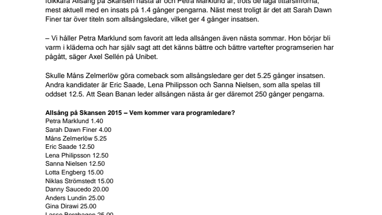 Oddsen talar för att Petra Marklund fortsätter som allsångsledare 