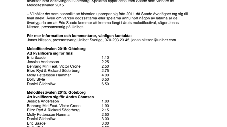 Melodifestivalen 2015, deltävling 1: Saade vinner i Göteborg & Solna 