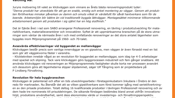 Klickväggen utsedd till bästa renoveringsprodukten i tävlingen Professionell renovering 2011