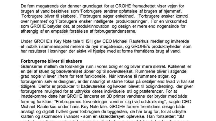 Med udgangspunkt i nye forbrugertrends former GROHE fremtidens brug af vand  