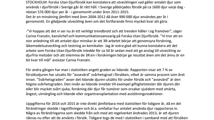 Djurförsöksstatistiken för 2015 har publicerats