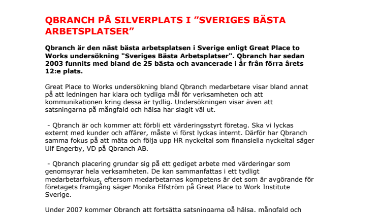 QBRANCH PÅ SILVERPLATS I ”SVERIGES BÄSTA ARBETSPLATSER”