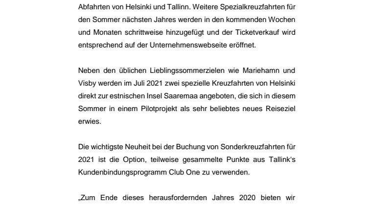 Tallink Grupp eröffnet Ticketverkauf für Sonderkreuzfahrten im Sommer 2021 