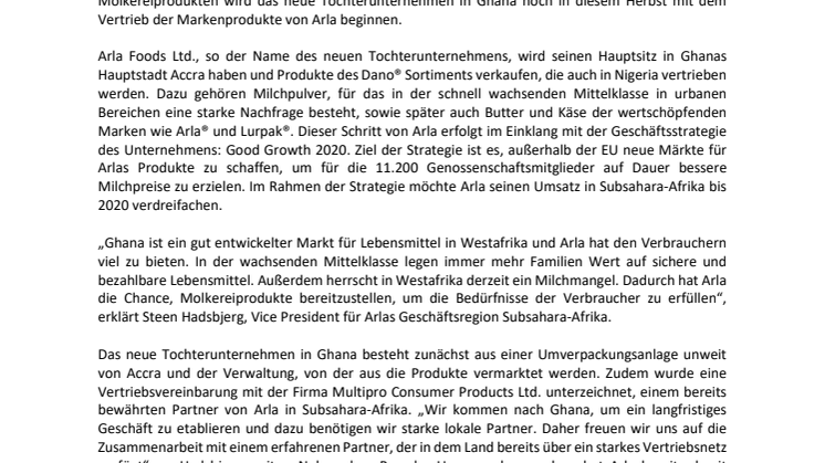 Arla Foods präsentiert neues Tochterunternehmen in Ghana
