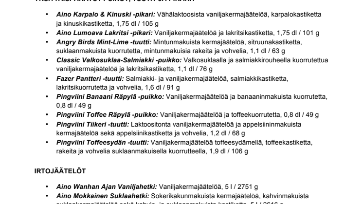 Kevään 2014 jäätelöuutuuksien tuotetiedot
