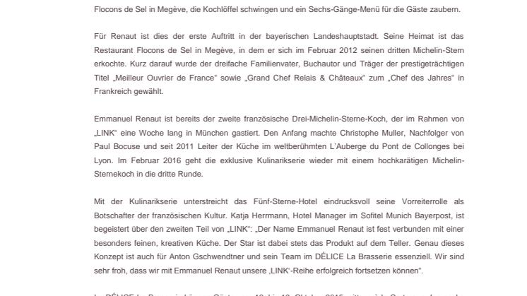 Sofitel Munich Bayerpost präsentiert die zweite Ausgabe von "LINK" - mit drei-Sterne-Chef Emmanuel Renaut als Gastkoch