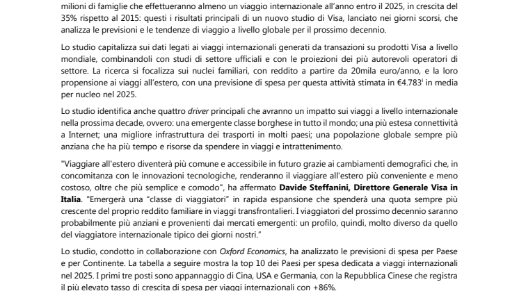 Saranno oltre 280 milioni nel mondo le famiglie in viaggio all’estero nel 2025: le stime di Visa