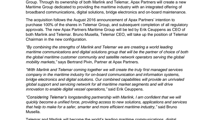 Marlink: Marlink and Telemar to create the world’s leading maritime communications, digital solutions and servicing group 