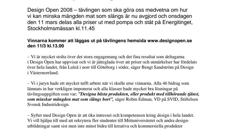 Vinnaren i Design Open offentliggörs på Energitinget