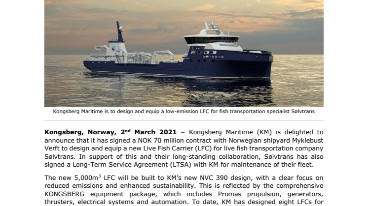 Kongsberg Maritime wins contract with Myklebust Verft to deliver innovative low-emission LFC for Sølvtrans