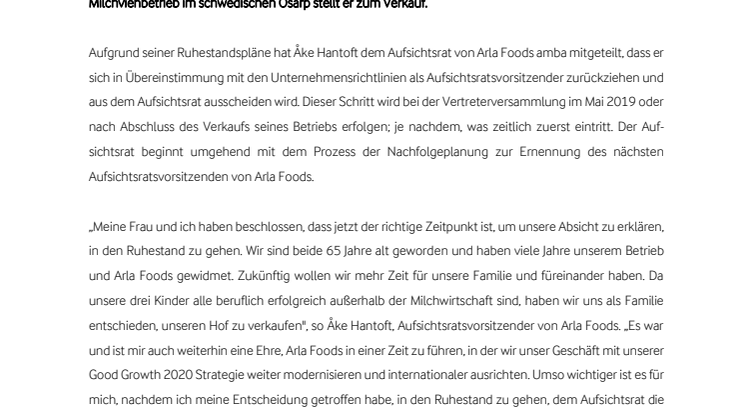 Arlas Aufsichtsratsvorsitzender Åke Hantoft plant Ruhestand 