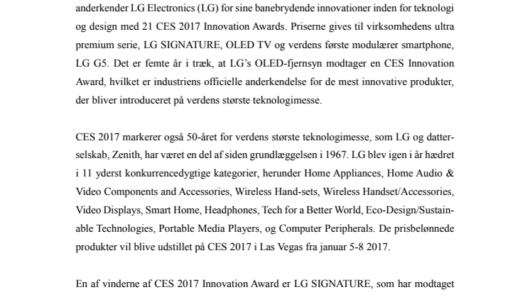 LG BLIVER HÆDRET MED 21 INNOVATIONSPRISER UNDER CES 2017