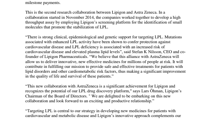 Lipigon Pharmaceuticals och AstraZeneca ingår läkemedelsutvecklingssamarbete