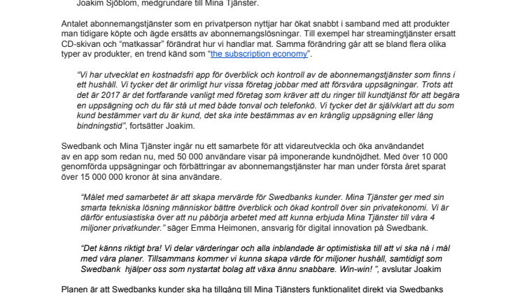 Mina Tjänster tar in 15 miljoner och inleder samarbete med Swedbank