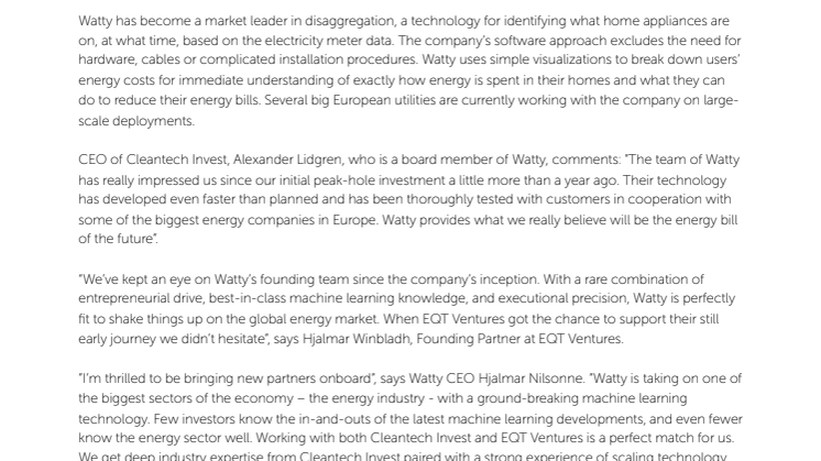 Watty announces EUR 3 million in funding from Cleantech Invest and EQT Ventures