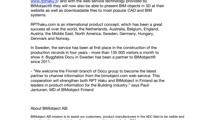 Finnish information broker RPT Haku joins BIMobject® and becomes a channel partner