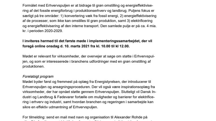 Invitation til opstartsmøde for implementeringssamarbejde om Erhvervspuljen