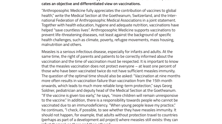 For Objectivity in Viewing Vaccinations. ​Position of Anthroposophic Medicine