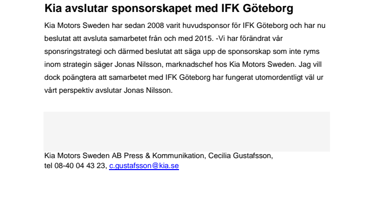 Kia avslutar sponsorskapet med IFK Göteborg