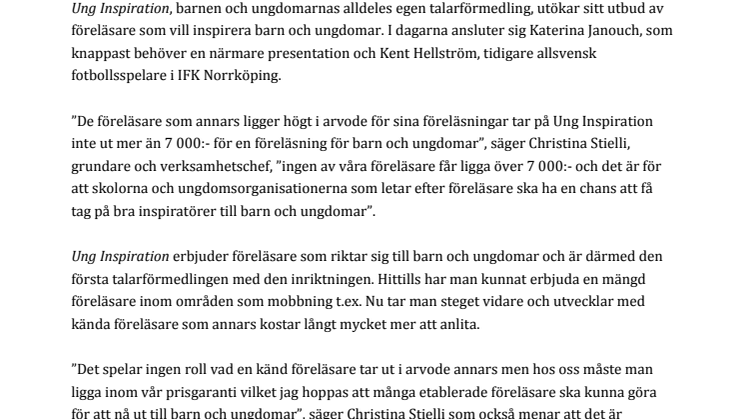 Katerina Janouch och Kent Hellström ansluter sig till Ung Inspiration