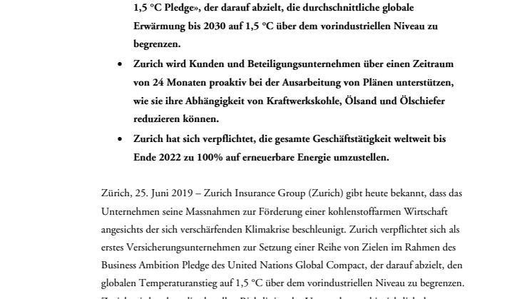 Zurich unterzeichnet die UN-Verpflichtung zur Begrenzung des globalen Temperaturanstiegs und kündigt an, bis 2022 ausschliesslich erneuerbare Energien zu nutzen